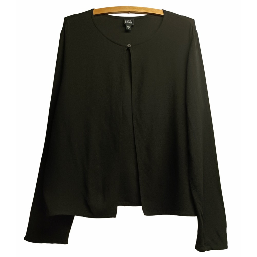 EILEEN FISHER SILK/WOOL ONE BUTTON TOP/BLOUSE, BLACK, SIZE MEDIUM